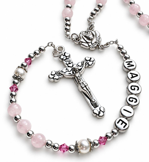 Crystal Faith Collection Rose Quartz  Personalised Rosary Beads embellished with Crystals by Swarovski® ✝ Elegant Keepsake Gift For Girls 