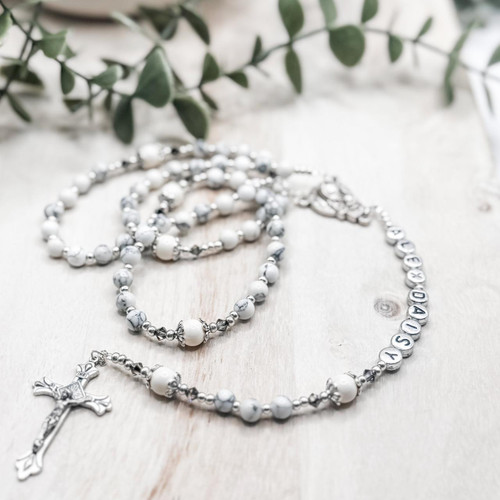Crystal Faith Collection White Howlite and Swarovski Crystal Rosary - Personalisation included 