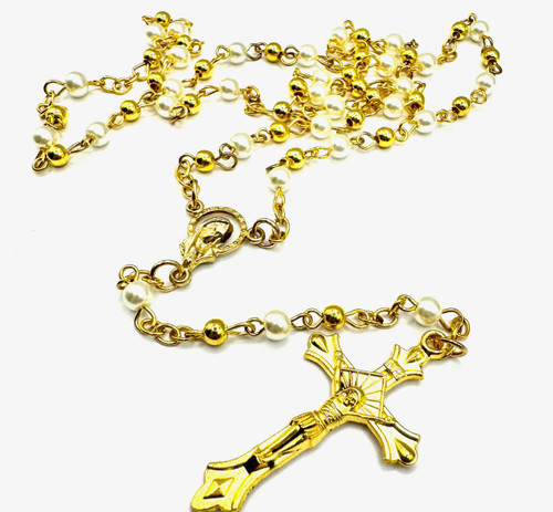  Personalised  Mary Pearl and Gold Rosary Beads 