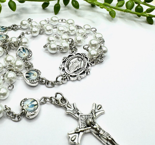  Our Lady of Grace White Faux Pearl Rosary Beads 