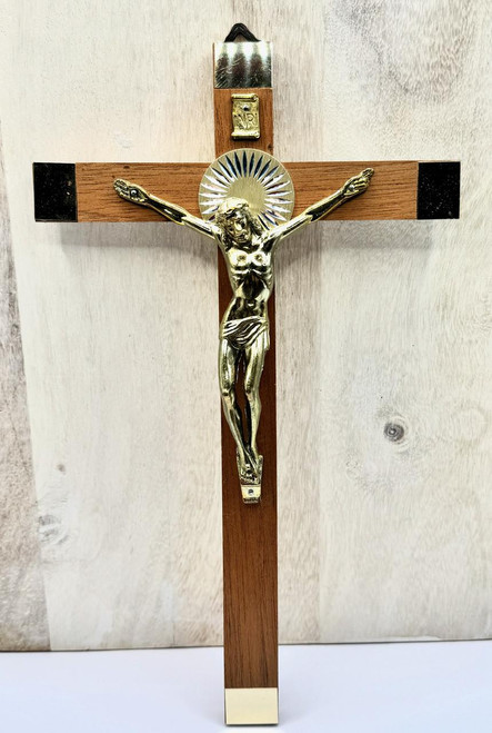  25cm Walnut and brass Wood Wall Crucifix 