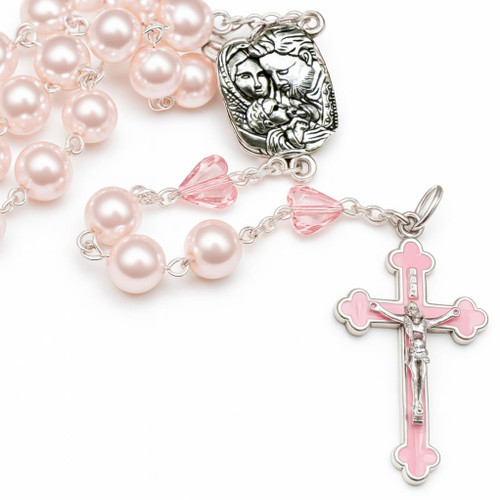 Crystal Faith Collection Premium Pink Glass Pearl Rosary Beads - Exclusive to Gifted Memories Faith 