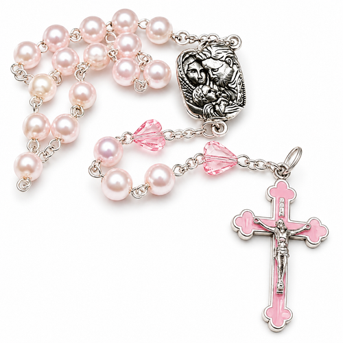 Crystal Faith Collection Premium Pink Glass Pearl Rosary Beads - Exclusive to Gifted Memories Faith 