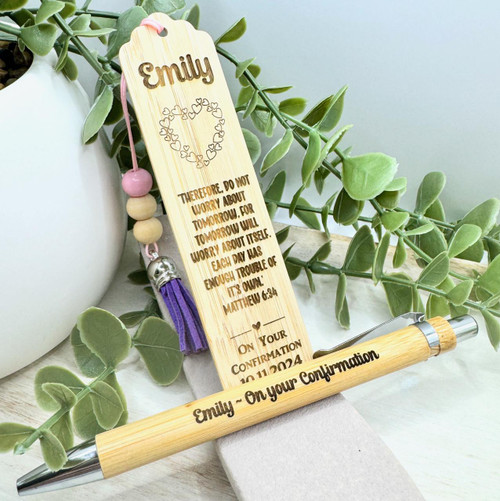  Bamboo Bookmark and Pen Set - Personalised for a Confirmation or Communion 