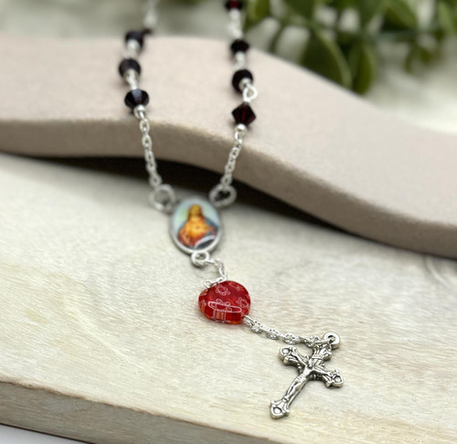 Crystal Faith Collection Premium Sacred Heart of Jesus Red Swarovski Car Rosary Beads 