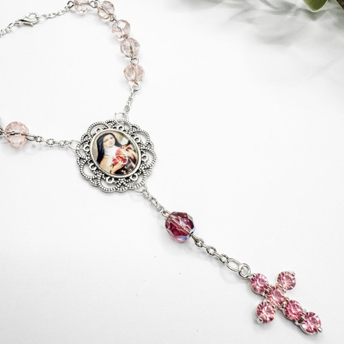 Crystal Faith Collection Pink Saint Therese Car Rosary Beads One Decade Rosary 