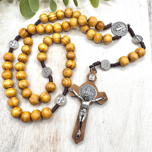  Saint Benedict Olive Wood Corded Rosary Beads 