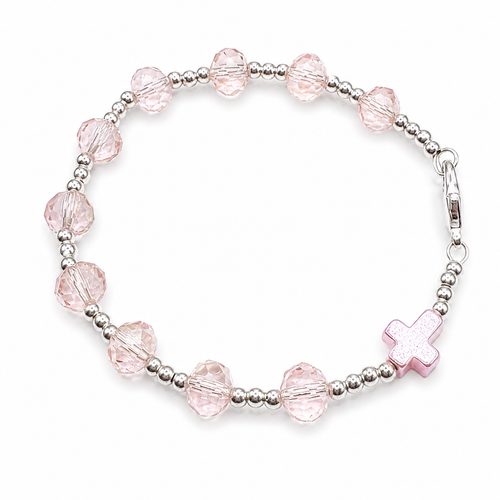  Rose Pink Cross One Decade Rosary Bracelet 