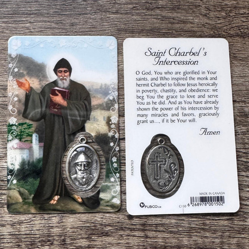  Saint Charbel Laminated Holy Card with Medal 