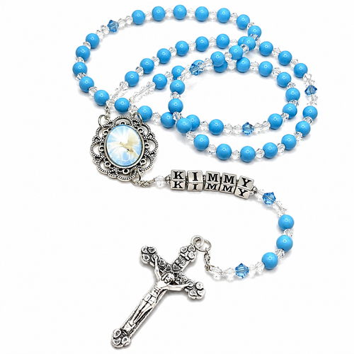  Personalised Turquoise Preciosa & Swarovski Rosary Beads – Custom Name Gift 
