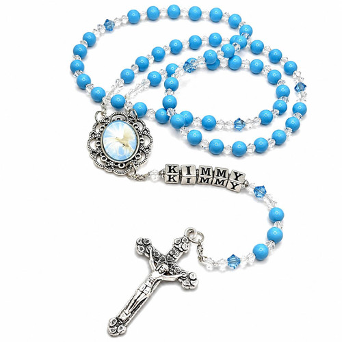  Personalised Turquoise Preciosa & Swarovski Rosary Beads – Custom Name Gift 