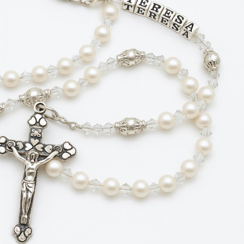  White Rosary Beads – Handmade Swarovski Catholic Rosary for Baptism, Communion or Confirmation 