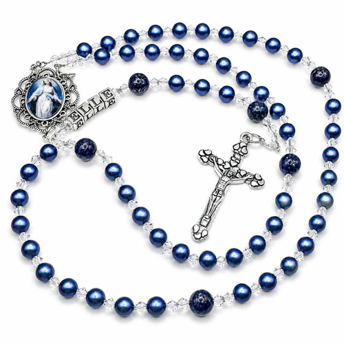  Personalised Blue Swarovski Pearls & Lapis Lazuli Rosary Beads – Handmade Catholic Gift 