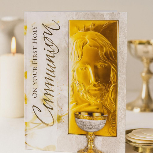  First Holy Communion Greeting Card – Gold Jesus with Chalice | Elegant Religious Keepsake 