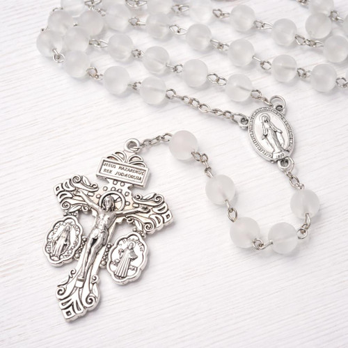  Frosted White Glass Bead Rosary Necklace with Silver Crucifix 