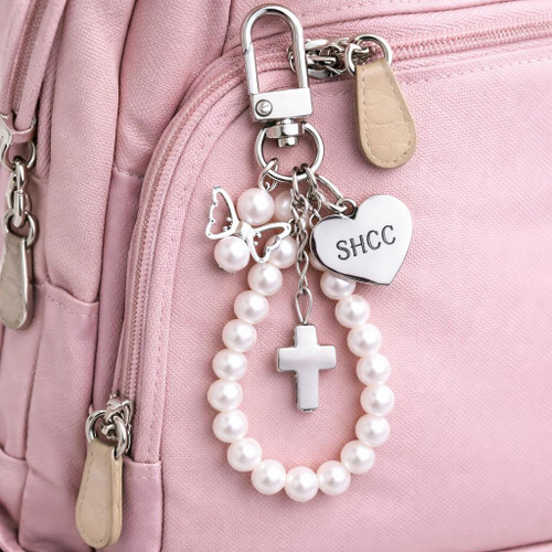  Personalised Pearl Cross Keyring with Heart Tag – School Graduation Gift (Bulk Orders) 