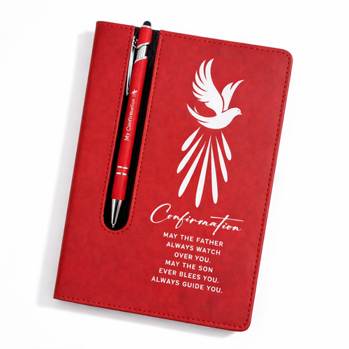 personalised confirmation journal, confirmation gift Australia, catholic confirmation keepsake, confirmation notebook with pen, personalised catholic journal, holy spirit dove journal, confirmation sponsor gift, confirmation gift for boy or girl, custom confirmation gift Australia
