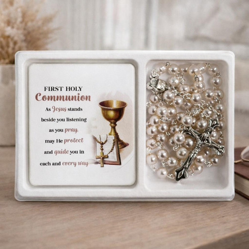  First Holy Communion Rosary and Plaque Gift Set Pearl Catholic 