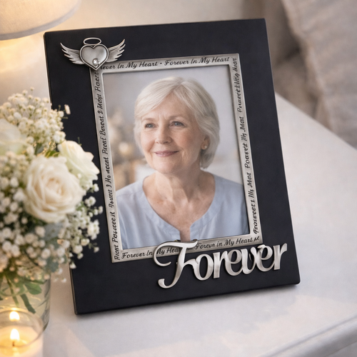 memorial photo frame, sympathy gift photo frame, forever in my heart frame, remembrance frame australia, angel wing photo frame, loss of loved one gift, memorial keepsake australia
