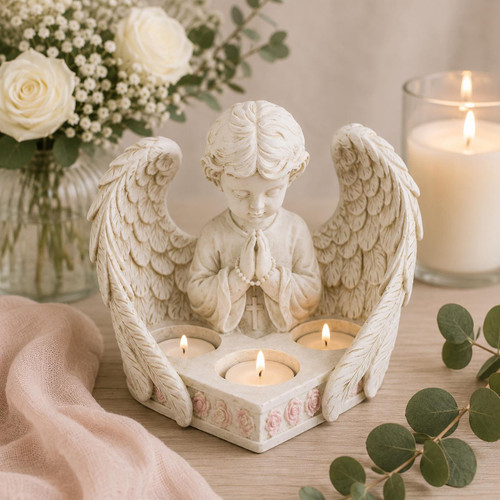  15cm Memorial Cherub Triple Tealight Holder | Angel Candle Holder 