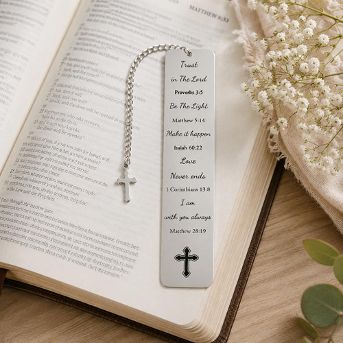  Personalised Stainless Steel Christian Bookmark with Cross Charm | Engraved Bible Bookmark 