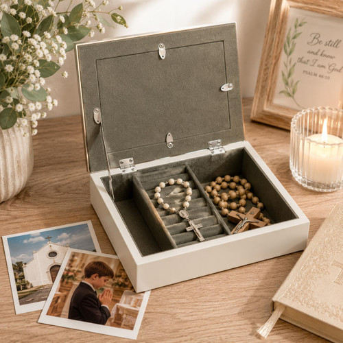  First Holy Communion Keepsake Box with Photo Frame Lid | Religious Memory Box 19 x 14cm 