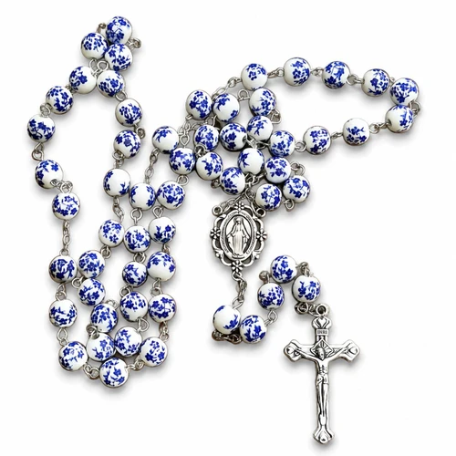 Blue Floral Ceramic Rosary | Miraculous Medal Catholic Rosary Beads 