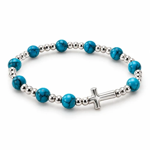  Genuine Turquoise One Decade Rosary Bracelet – Silver Cross 
