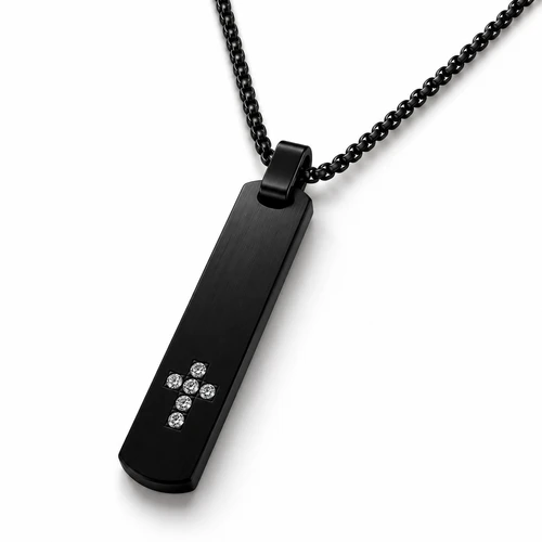 Black stainless steel cross bar necklace with zircon stones