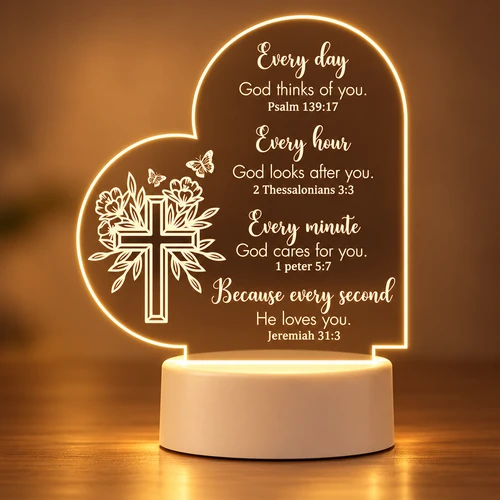 Christian LED night light with Bible verses and floral cross