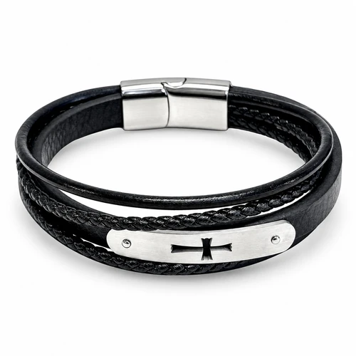 Boys black leather and stainless steel cross bracelet