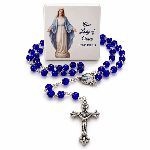  Our Lady of Grace Rosary & Plaque Gift Set – Blue Glass Beads 