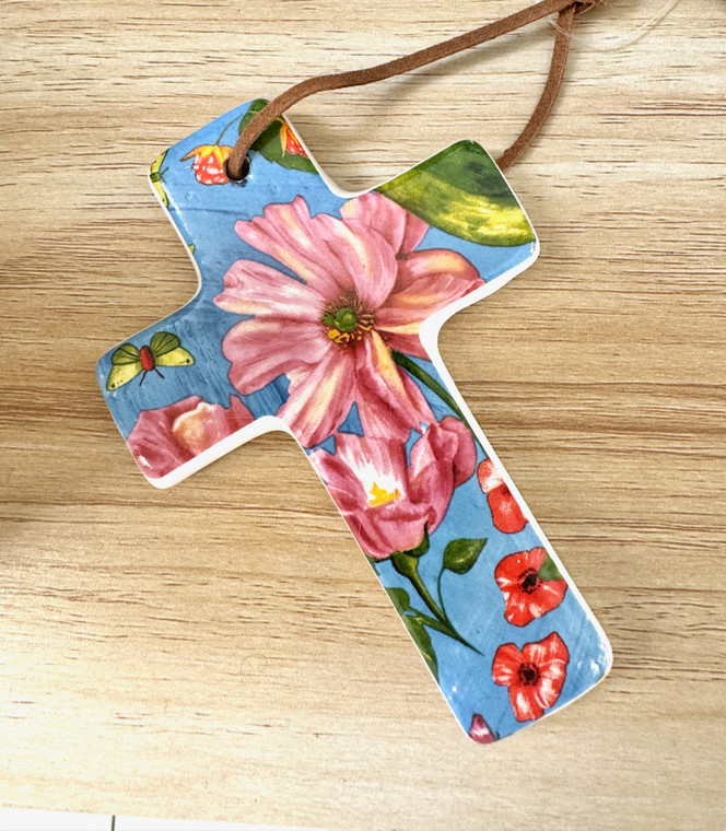 Personalised  Beautiful Flower and Butterfy Ceramic Cross - Girls Christian Gift