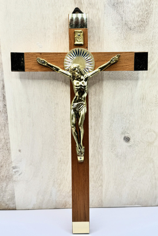 25cm Walnut and brass Wood Wall Crucifix
