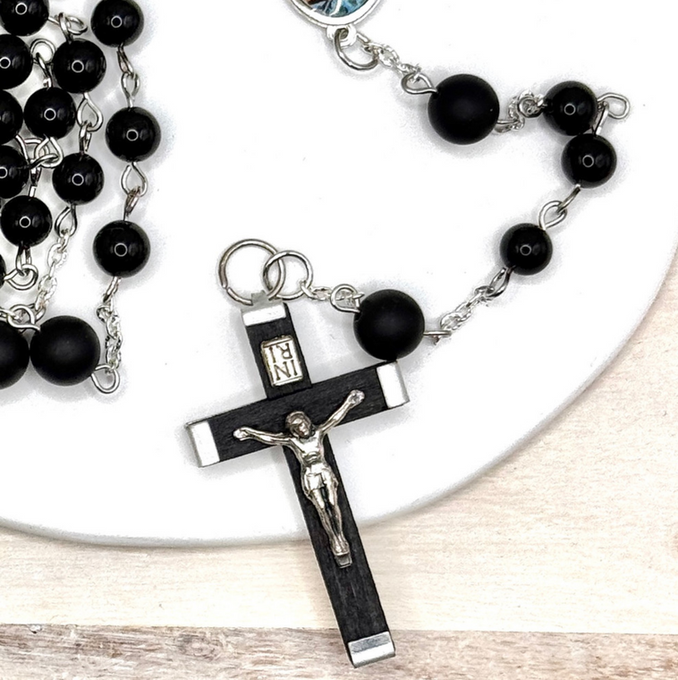 black onyx rosary, personalised rosary, Catholic rosary beads, guardian angel rosary, black rosary beads, matte jasper rosary, custom Catholic gifts, religious gift, rosary for men, handcrafted rosary Australia, spiritual keepsake