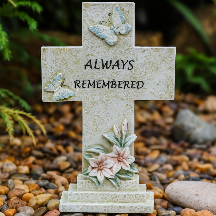 Christian memorial cross, religious sympathy gift, faith-based remembrance gift, butterfly and lily cross, Forever in My Heart cross, Catholic bereavement gift, Christian memorial decor, resin stone memorial cross, spiritual condolence gift, grief support Christian keepsake