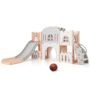 All-in-1 Toddler Slide Playset Playground with Tunnel and Ladder and Basketball-Pink - Color: Pink D681-UY10149FH