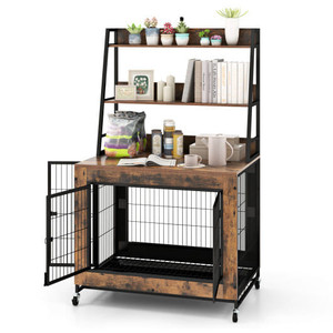 Industrial Dog Kennel Dog Crate Furniture with Storage Shelves-Rustic Brown - Color: Rustic Brown D681-PU10061CF