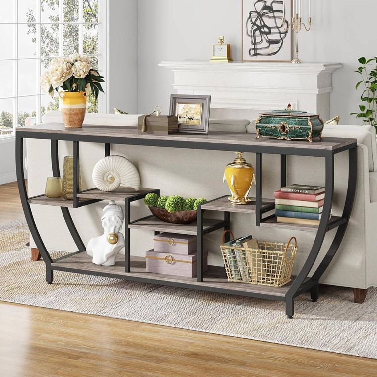 Industrial Chic 70-inch Long Narrow Console Sofa Table with Gray Wood Shelves Q280-GRMCTSH15957126