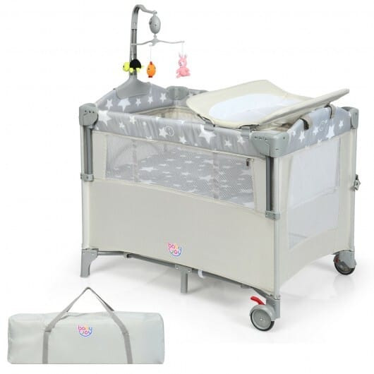 5-in-1  Portable Baby Beside Sleeper Bassinet Crib Playard with Diaper Changer-Beige - Color: Beige D681-BB5558BE