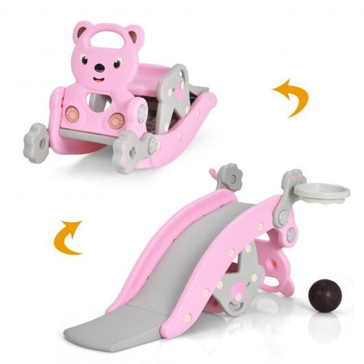 4-in-1 Toddler Slide and Rocking Horse Playset with Basketball Hoop-Pink - Color: Pink D681-TY327824PI
