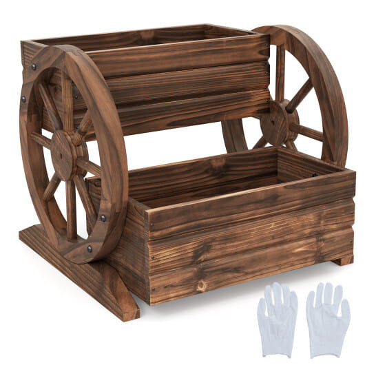 2-Tier Raised Garden Bed Rustic Wood Wagon Shape with Drainage Holes and Wheels-Coffee - Color: Cof D681-HZ10396CF