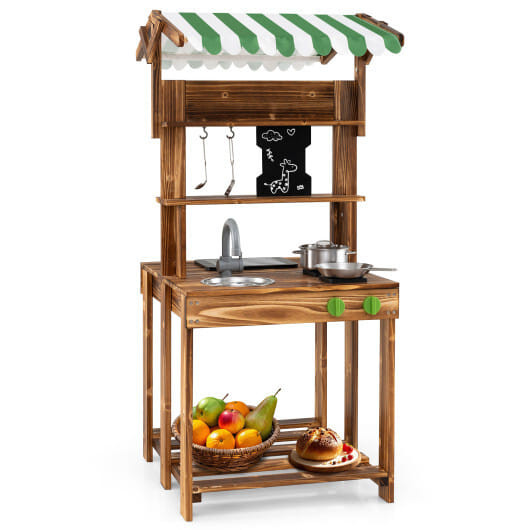 Double-Sided Mud Kitchen with Canopy and Chalkboard for 3+ Years Old-Natural B593-TP10375