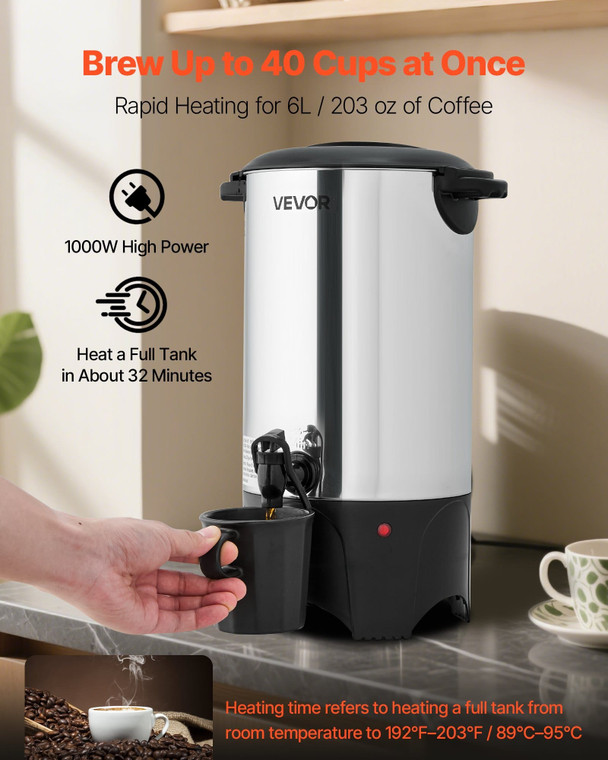  Commercial Coffee Urn, 40 Cup 6 L Hot Beverage Dispenser with Dripless Faucet, Quick-Brewing Comme E415-SYKFTJXSDCBXWPXR9001V1