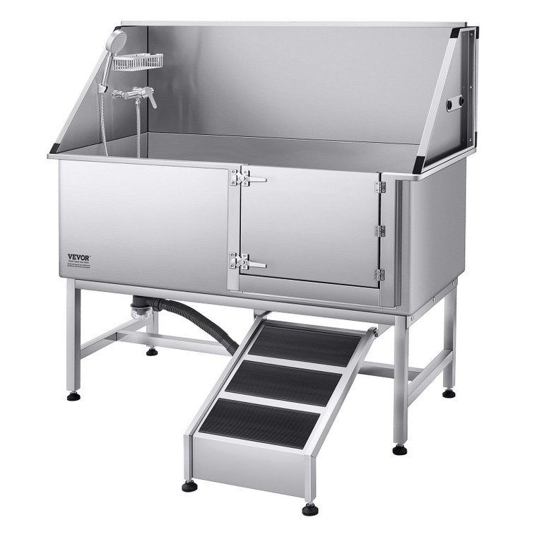 Stainless Steel Dog Washing Station, 62 inch Pet Grooming Tub w/ Ramp, PE Water Filter Board, Fauc E415-BXGCWYG62CSLS01HRV0