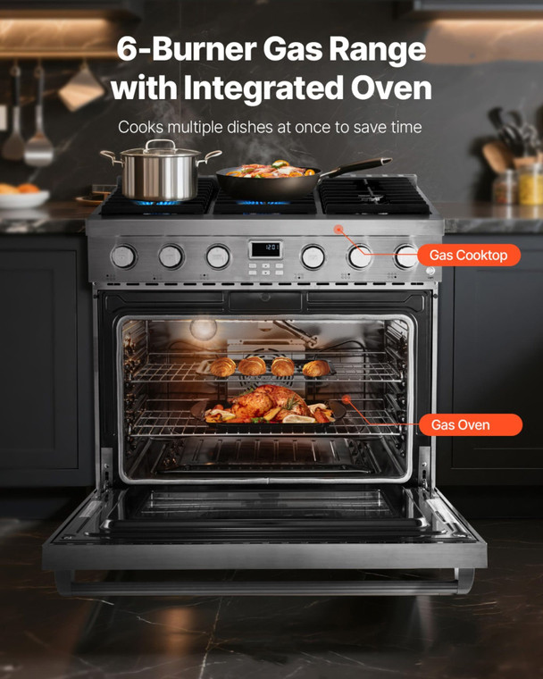 Gas Range Oven, 35.9 Inches Width, Freestanding Stainless Steel Stove and Oven with 6 Sealed Cookto E415-LSRQKXRQKX36310AL001V1