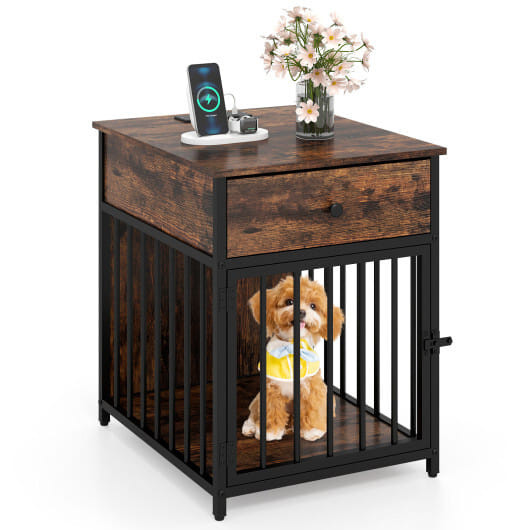 Dog Crate Furniture for Small Dogs Wooden Puppy Kennel with Charging Station-Rustic Brown B593-PU10063US