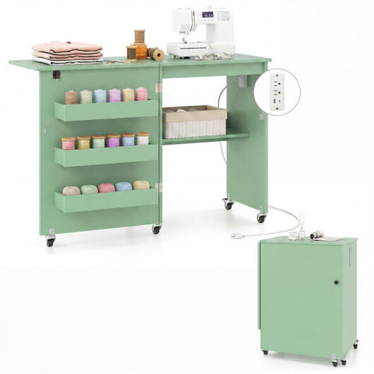 Sewing Machine Table with Charging Station and Lockable Casters-Green - Color: Green D681-HW73607US-OG