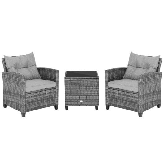 3 Pieces Outdoor Wicker Conversation Set with Tempered Glass Tabletop-Gray - Color: Gray D681-HW70267GR