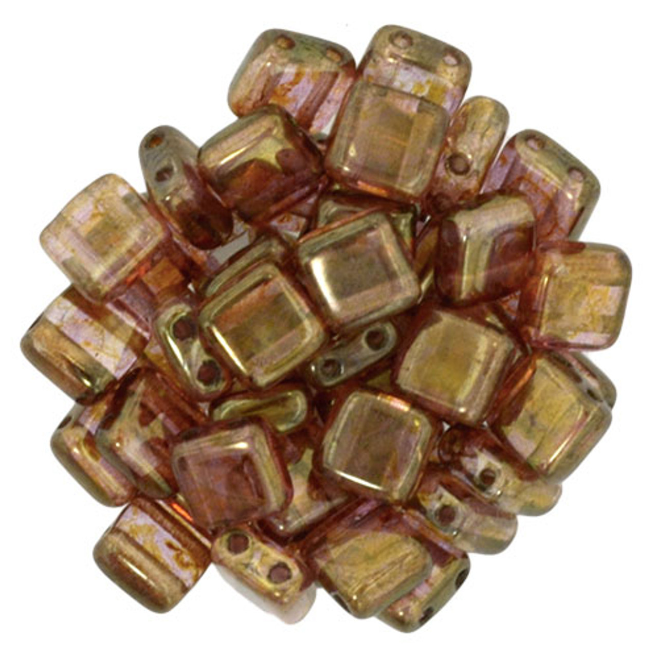 6mm Czech Two Hole Tile Beads - Luster Opaque Rose-Gold Topaz